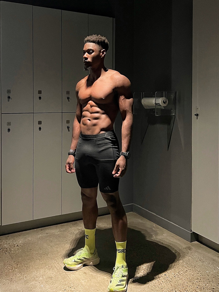 Coach is posing showing his Abs muscles.